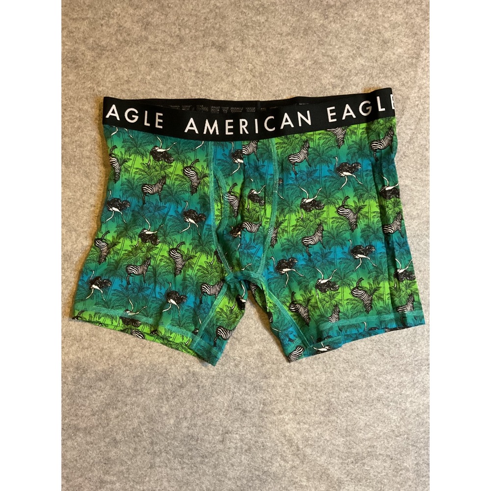 American Eagle Mens Boxer Briefs Large Green Tropical Zebra Ostrich Print Trunk